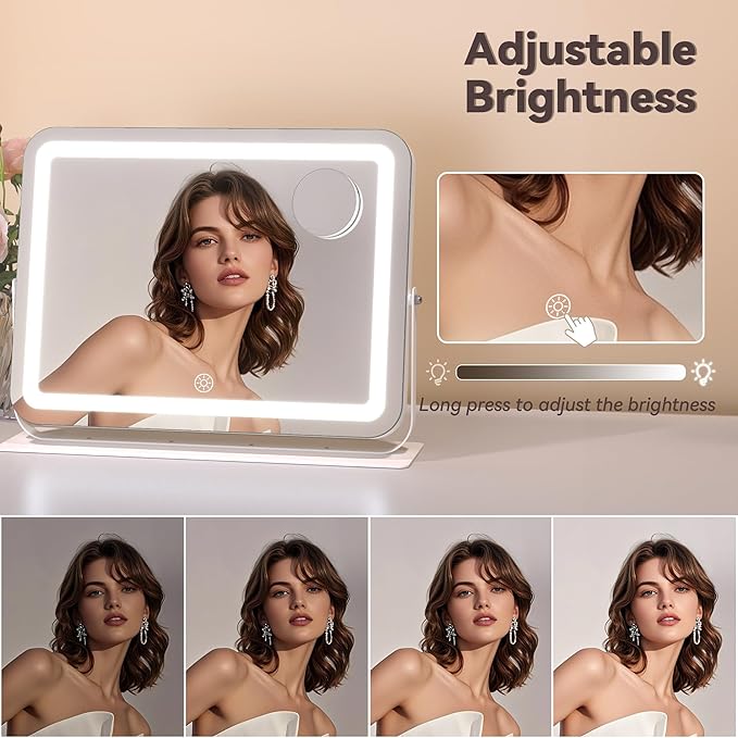 Hasipu Makeup Vanity Mirror with Lights, 16" L x 12" W LED Tabletop Make up Mirror for Desk, Lighting & Brightness Adjustment, 360°Rotation, 10x Magnification