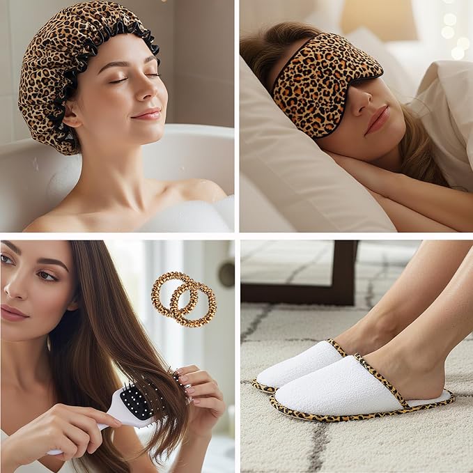 Valentines Day Gifts for Women, 20 Pcs XXL Leopard Bath and Body Gift, Skin Care Set, Self Care Gifts Set, Mother's Day, Birthday, Home Spa Kit, Holiday, Christmas, Shower Cap, Manicure Set