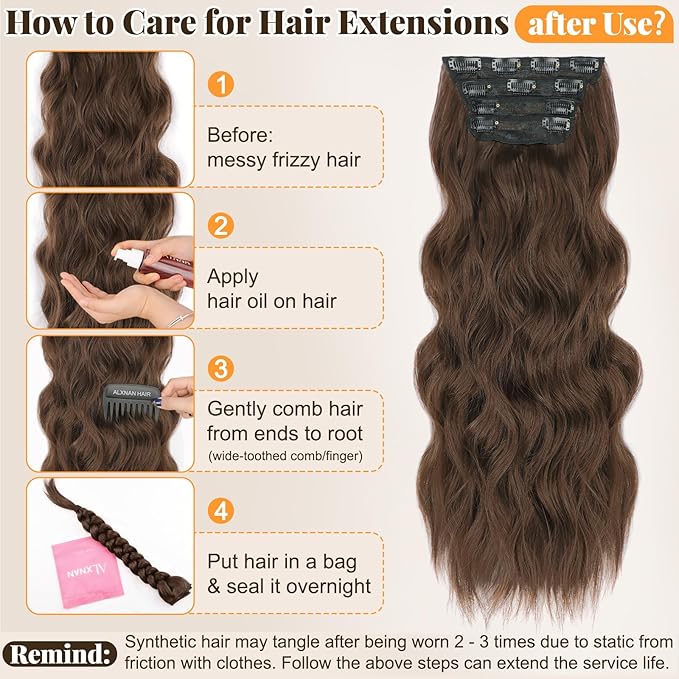 ALXNAN Clip in Long Wavy Synthetic Hair Extension 24 Inch Medium brown 4PCS Thick Hairpieces Fiber Double Weft Hair for Women