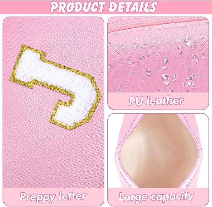 URSKYTOUS Gifts for Teacher Initial Makeup Bag Personalized Cosmetic Bag Cute Travel Toiletry Bag Small Chenille Letter PU Makeup Pouch Organizer Preppy Birthday Gift for Daughter Teen Girls (Pink J)
