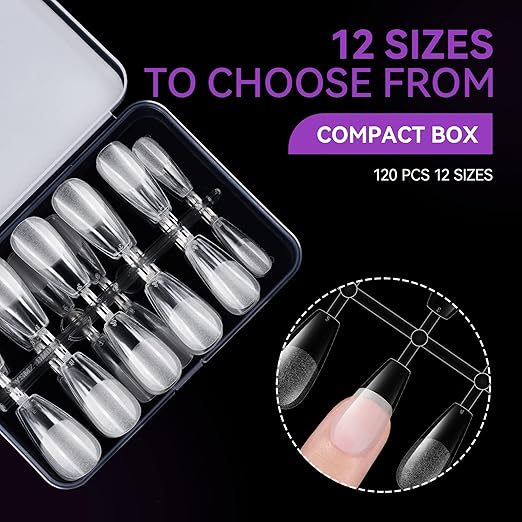 Gelike ec Medium Coffin Nail Tips: Soft Gel Tips Coffin Shaped Full Cover Gel Nails Pre Etched - PMMA Resin Clear False Nails Strong Press on Nails 120PCS 12 Sizes, Medium Coffin