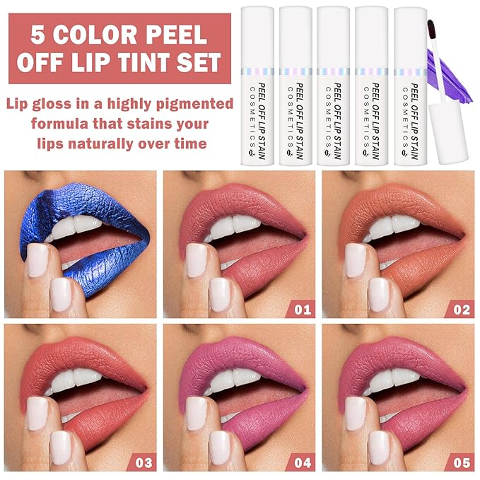 AWCCXMYM 5 Colors Lip Stain Peel Off Lip Tint Stain Velvet Matte Nude Lipstick Shine Long Lasting Waterproof Non Stick Cup Non Fade Liquid Lipstick Set For Seductive Charm