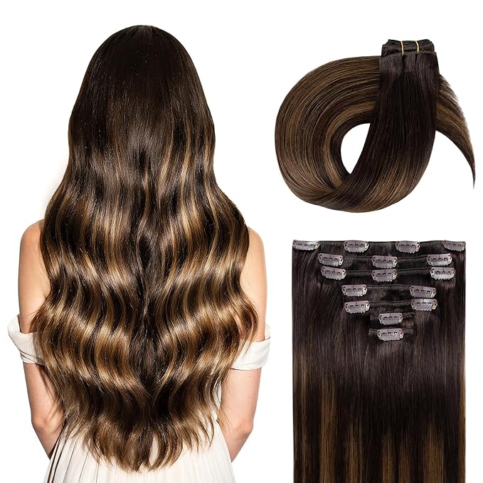 Clip in Hair Extensions Real Human Hair, Silky Remy Hair Extensions Clip Ins, Salon Quality Straight Human Hair for Women, Dark Brown to Chestnut Brown #2TP6/2 20Inch 120G 7PCS