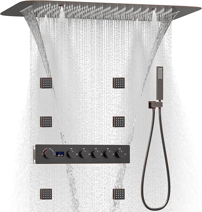 KATAIS Oil Rubbed Bronze 16X24 inch Ceiling Mounted Shower Head Set(Rain&Waterfall&Mist 3 Modes), Digital Display Shower System with 6 PCS Body Jet and Handheld Spray