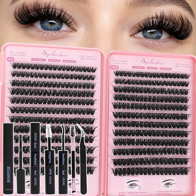 Lash Clusters Kit, Eyelash Clusters Individual Lash Extension Kit 480 Pcs D Curl Fluffy Wispy False Eyelashes Extensions Thin Band with Bond Seal Tweezers Brush Removers (80D+100D KIT9-16mm)