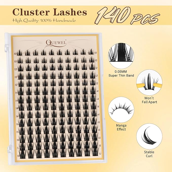 QUEWEL Fairy-Lash Clusters Kit, 140pcs Manga-Eyelash Clusters Kit Mix10-18mm Cluster Eyelash Extensions Kit With Lash Bond and Seal, Lash Tweezers and Remover for DIY Natural Lashes(FD-XYT 4 Set)