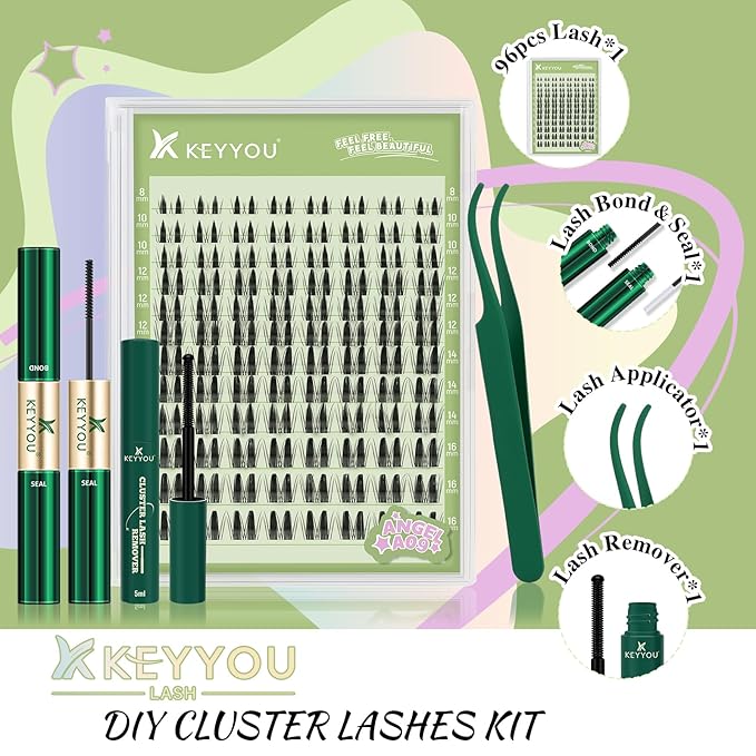 KEYYOU LASH Extension Kit 120Pcs Angel Lash Clusters Kit Thick Eyelash Extension Kit with Glue and Seal,Tweezers,Remover for DIY lash extension kit at Home（Kit-Angel A09-D-8-16MIX）