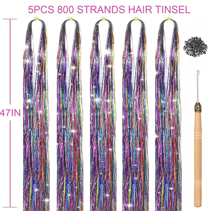 47" Holographic Hair Tinsel Shining Gold Professional Sparkle Heat-Resistant Silk Extensions, Easy to Apply, Hair Accessories for Girls, Party Hair, Gifts for Girls (1000 Strands, Shining Rainbow)