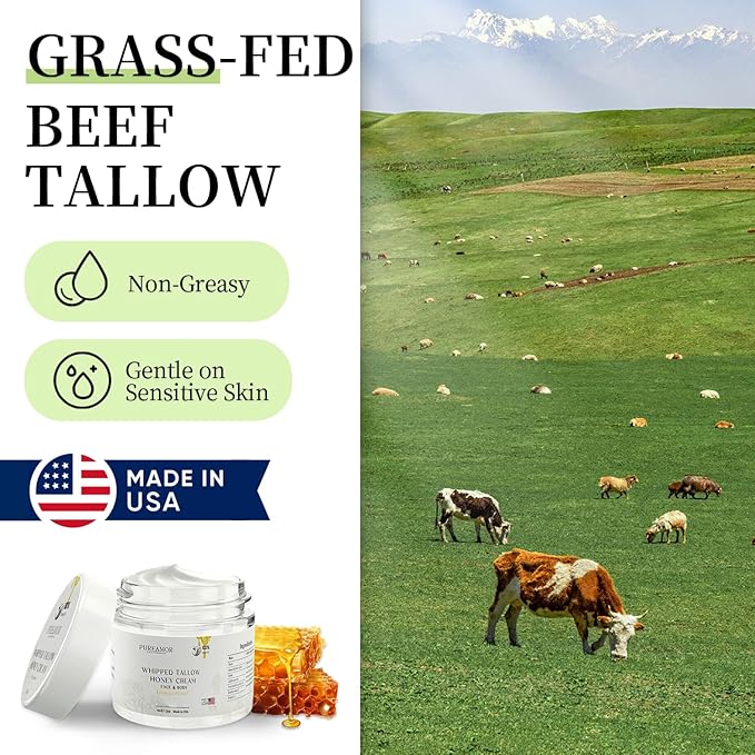 Beef Tallow for Skin Made in USA, Grass-Fed Beef Tallow for Face, Quick Absorbing, Hydrating Tallow Face Moisturizer, Whipped Beef Tallow and Honey Balm for Face&Body,Beef Tallow Cream(2oz. Unscented)