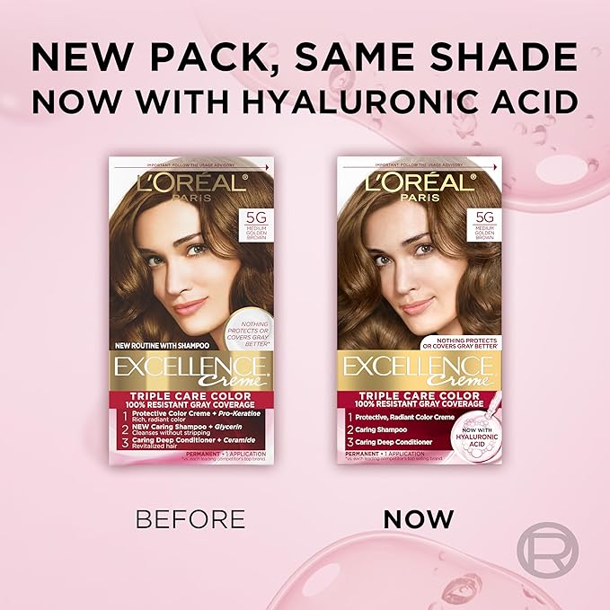 L'Oreal Paris Excellence Crème Permanent Hair Dye, Triple Care Hair Color with Hyaluronic Acid for 100% Gray Coverage, 5G Medium Golden Brown, 1 Kit (Pack of 2) (Packaging May Vary)