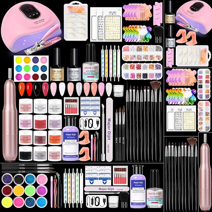 Major Dijit Complete Acrylic Nail Starter Kit with LED Lamp, 12 Colors Powder Acrylic Liquid Base/Top Coat Primer Electric Drill – DIY Nail Art Tools for Home & Salon