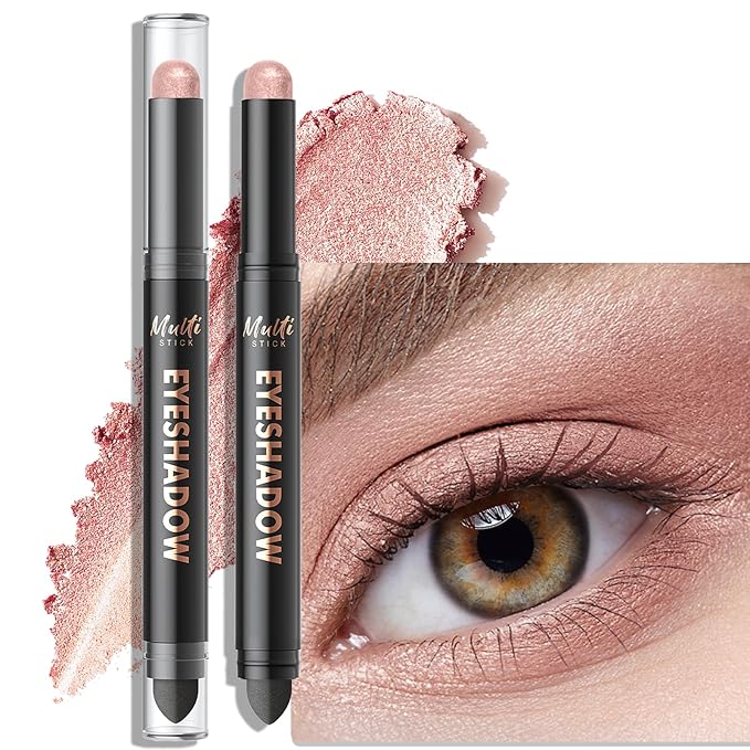 Dual-Ended Champagne Pink Eyeshadow Stick - Long-Lasting Cream Shimmer Eye Shadow Stick Crease-Proof Metallic Eyeshadow Pencil, Easily Blendable Multi-Use Eye Highlighter Makeup 02