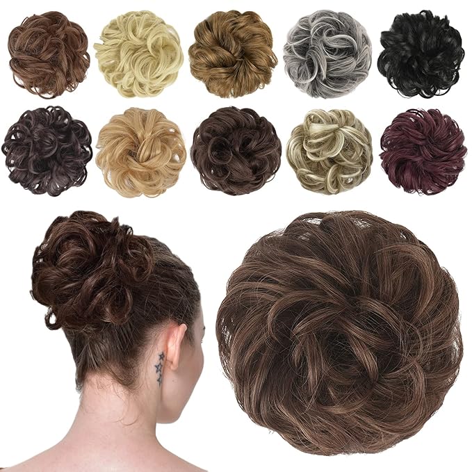 FESHFEN Messy Bun Hair Piece - Wavy Synthetic Chignon Scrunchies for Instant Volume, Elastic Bun Ponytail Hair Extensions Thick Hairpieces for Women, Brunette Brown 1.50 oz