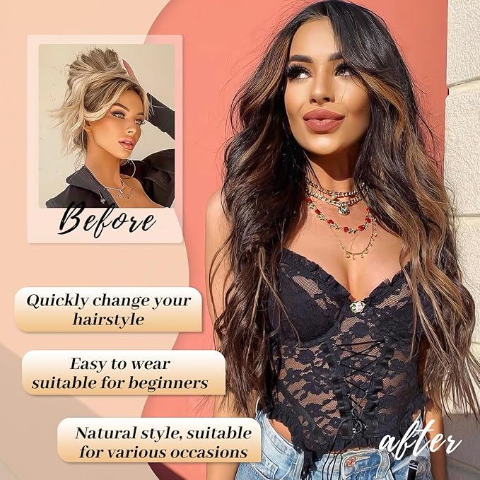 AISI HAIR Dark Brown with Highlights Wig for Women, Long Wavy Lace Hairline Middle Part Synthetic Heat Resistant Wig for Daily Party-26 Inch
