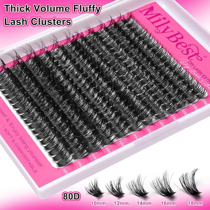 MilyBest Lash Clusters Kit 80D Fluff Cluster Eyelash Extensions 10-18mm Individual Lashes Clusters D Curl Lash Extension Kit, Waterproof Thick Volume Eyelash Clusters with Bond & Seal, Tweezers