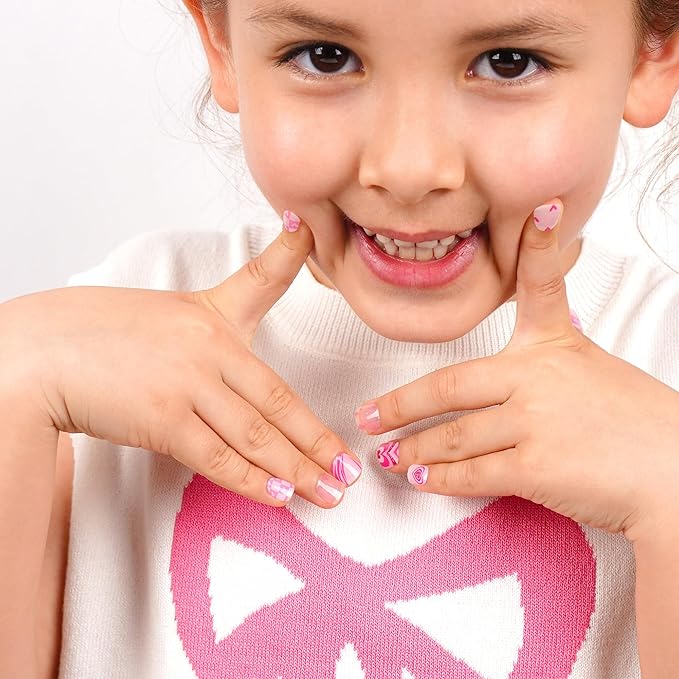 DANNI & TONI Kids Gel Nail Strips Heart Smiling Face Stars Flowers Salon-Quality Peel & Stick Manicure for Children (Age 6+)– Safe, Long-Lasting, Easy to Apply |Heart Glitz