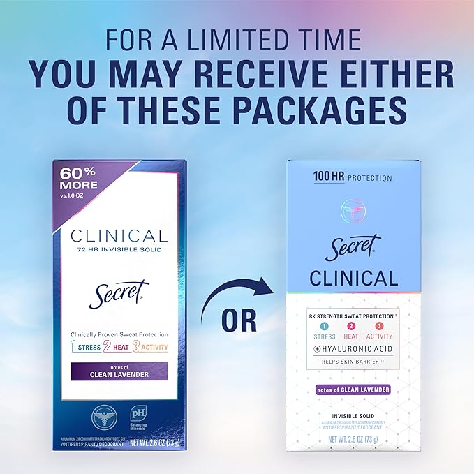 Secret Clinical Strength Antiperspirant Deodorant for Women, 100hr Sweat & Odor Protection, 3X Stress Protection with Hyaluronic Acid, PH Balanced, Invisible Solid, Clean Lavender Scent, 2.6 oz