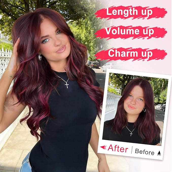 ALXNAN Long Wavy Hair Extensions for Women, Clip in Hair Extensions Clip Ins Soft Full Head Synthetic Hairpieces 20 Inch Ombre Burgundy mix Black