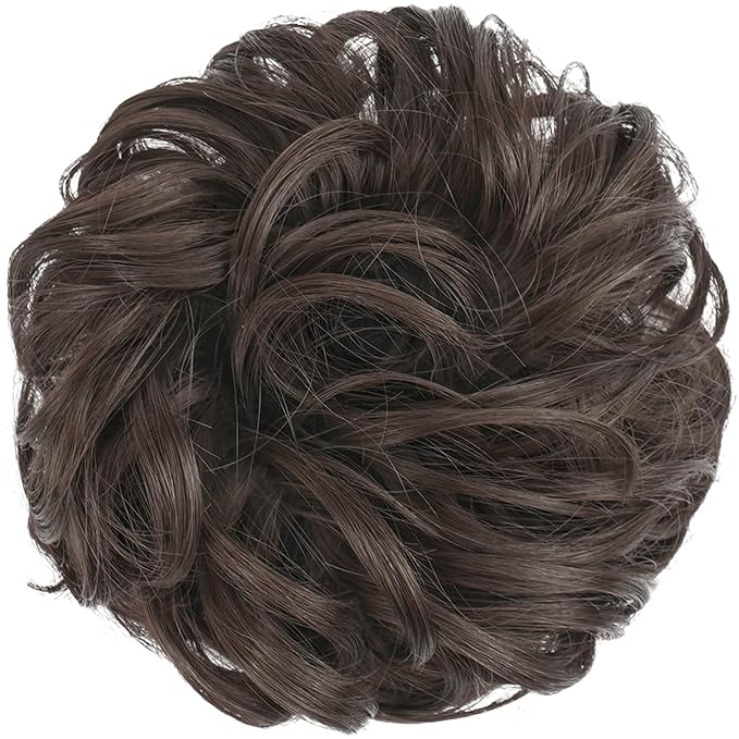 FESHFEN Messy Bun Hair Piece - Wavy Synthetic Chignon Scrunchies for Instant Volume, Elastic Bun Ponytail Hair Extensions Thick Hairpieces for Women, Dark Brown 1.50 oz