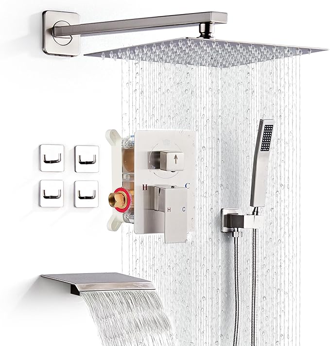 LCEVCGK Shower Faucet Set with Tub Spout, Brushed Nickel Rainfall Shower System Complete Wall Mounted for Bathroom with 12 Inch Square Shower Head and Handheld Shower Head Rain Mixer Combo Set