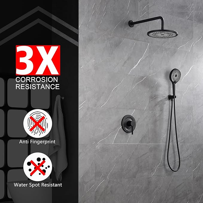 sumerain Matte Black Concealed Shower Faucet Set, Rain Shower System with 10 Inch Shower Head,Shower Fixtures with Handheld Spray Included Valve and Trim Kit