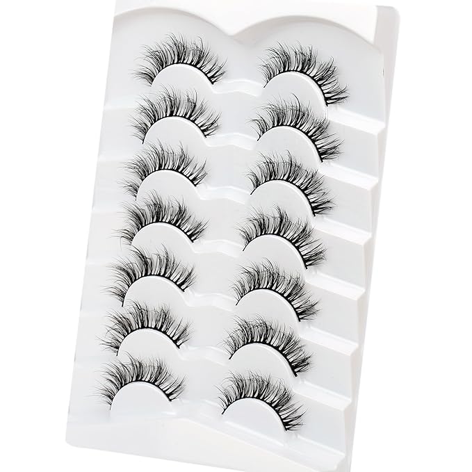 Pooplunch False Eyelash Nude Makeup Round-Eye Wispy Clusters Look Short Natural Spiky Anime Extension Lashes Full Strips Faux Mink Fake Eyelashes 7 Pairs Pack
