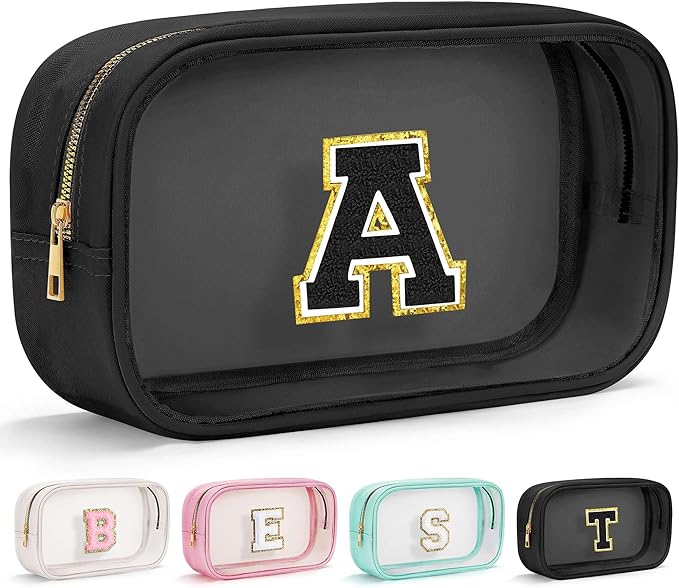 YOOLIFE Initial Makeup Bag Travel Toiletry Bag Clear Makeup Bag Cosmetic Bags Travel Essentials Gifts for Girls Teen Girlfriend Teacher Birthday Birthday Gifts for Kids Black Valentines Gifts A