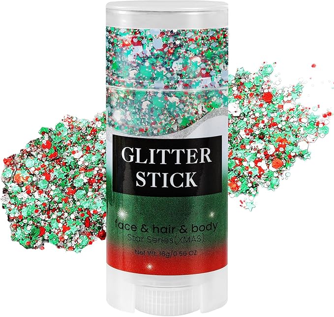 Mysense Christmas Glitter Stick for Face Hair Body, Red Silver Green Chunky Sparkling Glitter Makeup, Christmas Party Costume Accessories, Stocking Stuffers Gifts for Women Girls, 0.56oz