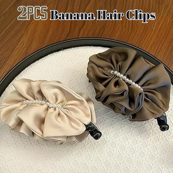 2 Pack Large Satin Banana Hair Clips for Thick/Long Hair, 5.5 Inch Jumbo Ruffled Ponytail Holder with Pearls, Non-Slip Vertical Clamp, Elegant French Vintage Accessories (Brown & Beige)