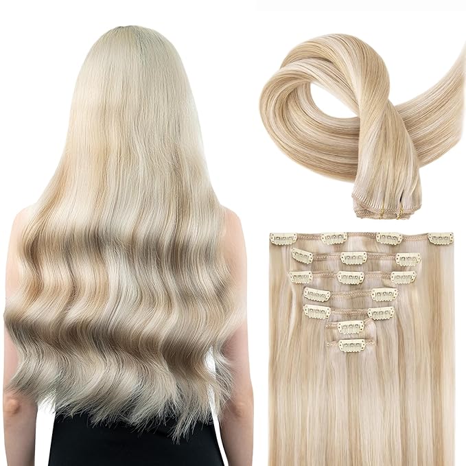 Clip in Hair Extensions Real Human Hair, 100% Remy Hair Extensions Clip Ins, Dark Blonde Highlighted Bleach Blonde Hair Extension for Women, #P18A/613A 16Inch 120G 7PCS
