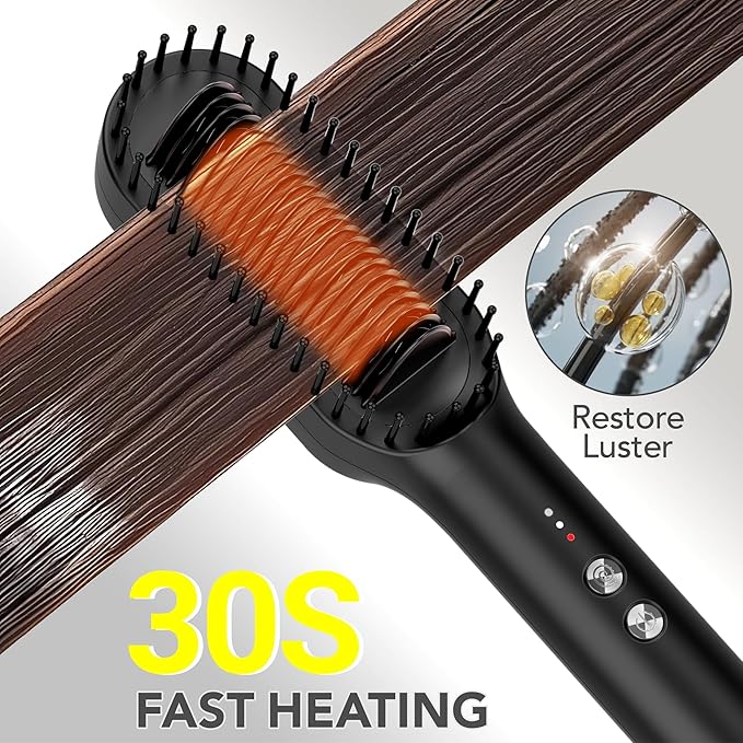 Hair Straightener Brush, HC13 Straightening Brush for Women with Hot Cool Air Blow, Fast Heat Dual Voltage Hair Straightener Brush Comb for Travel, Black
