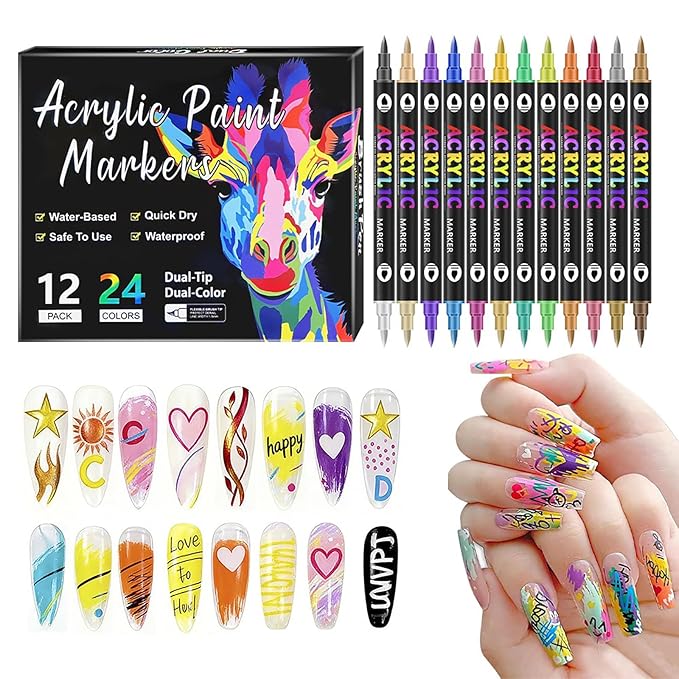 Nail Art Pens 24 Colors Nail Art Pens Set, Nail Art Markers Dual Tip Nail Polish Pens Drawing Painting Pen for Home Salon, Quickly Dry Nail Art Nail Markers DIY Decoration for Women Girls