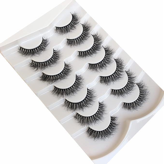 Pooplunch False Eyelashes Natural Volume 8D Faux Mink Lashes Wispy Short Fake Eye Lashes Strips 7 Pairs Pack