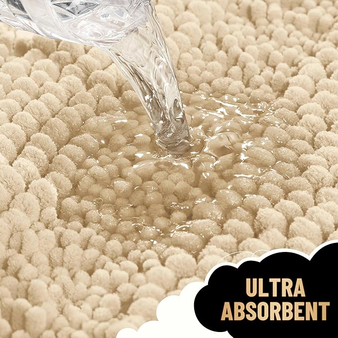 OLANLY Thick Toilet Rugs U-Shaped 24x20, Extra Soft Absorbent Chenille Striped Contour Bathroom Rugs for Toilet, Dry Quickly, Machine Washable, Non-Slip Bath Mat, Beige