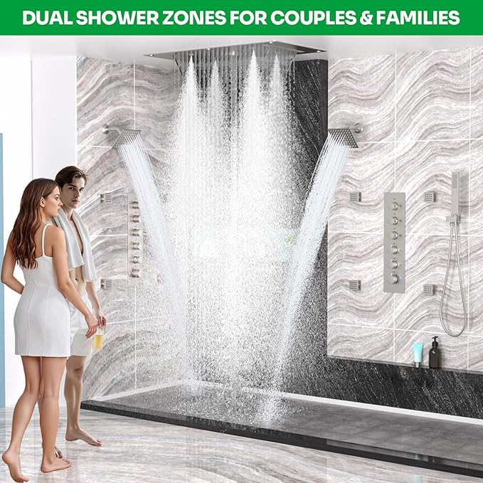 HOMEDEC Couples Luxury Shower System, 15x28" Rain 4-Function and 6" Side Shower Heads, 5-Way Diverter Valves Shower Faucet Set, Brushed Nickel