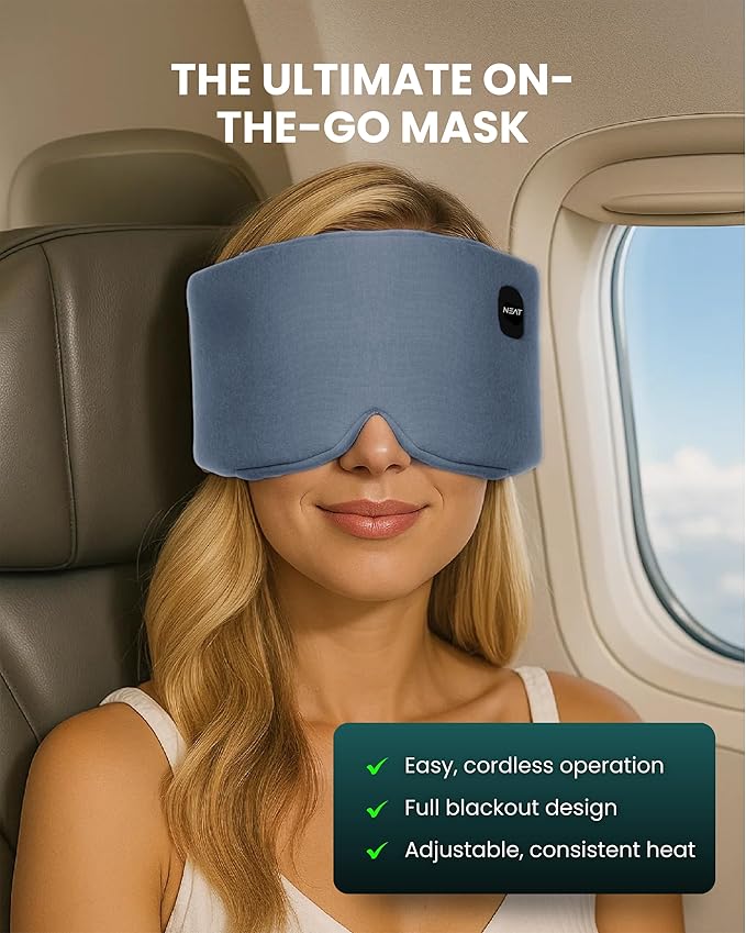 Neat Sunday Heated Eye Mask - Cordless Eye Mask for Dry & Tired Eyes - 4 Adjustable Temperature Settings - Rechargeable and Light Blocking, Washable Cover for Cleaning (Ocean Stone)