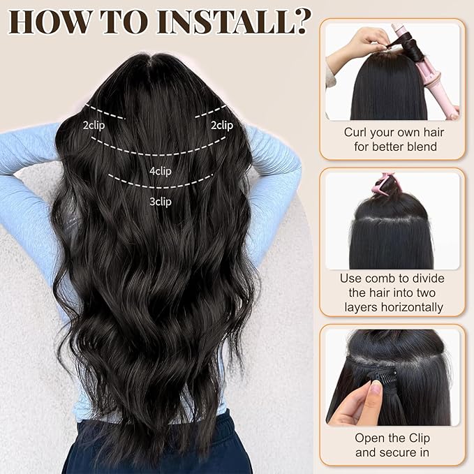 ALXNAN Clip in Long Wavy Synthetic Hair Extension 24 Inch Black Brown 4PCS Thick Hairpieces Fiber Double Weft Hair for Women