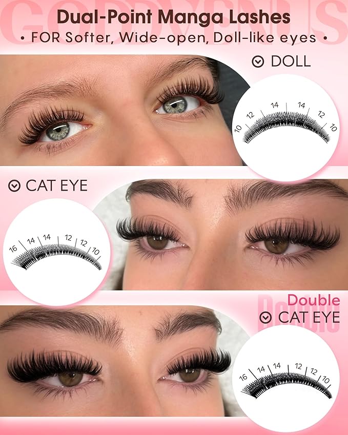 Wispy Manga Lash Clusters Kit Natural Eyelash Clusters Kit Fairy Cluster Eyelash Extensions Anime Individual Lashes C Curl Lash Extension Kit Waterproof DIY Eye Lashes Cluster Glue