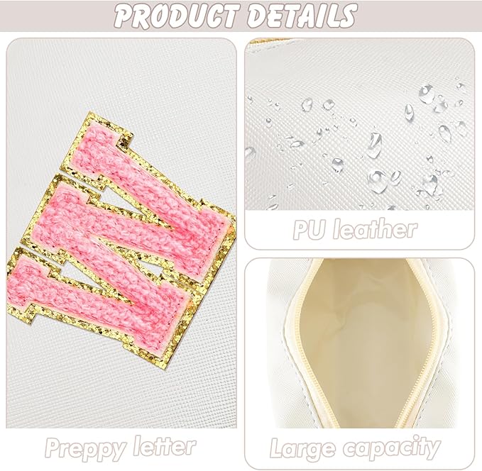 URSKYTOUS Initial Makeup Bag Personalized Preppy Travel Small Cosmetic Bag Cute PU White Chenille Letter Makeup Pouch for Purse Waterproof Zippered Toiletry Organizer for Women Girls Kids Friends (W)