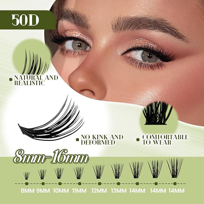 FADVAN Eyelash Extension Kit 280pcs Lash Clusters D Curly 8-16mm Mix 50D Individual Lashes with Lash Bond and Seal and Remover Lash Applicator for DIY Lash Extension Beginners(50D, 0.07D, 8-16mm)