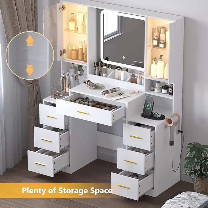 White Makeup Vanity Desk with Mirror & Lights, Modern Vanity Table with Charging Station, 7 Drawers, Glass Cabinet, Adjustable Shelves, Bedroom Dressing Table Set for Women & Girls
