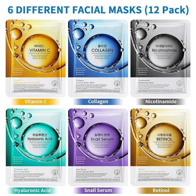 12 Pack Sheet Face Masks Skincare, Collagen Face Mask Hyaluronic Acid Hydrating Face Sheet Masks, Vitamin C Face Masks for All Skin Types, Moisturizing, Brightening, Anti-Aging, Valentine's Day Gift