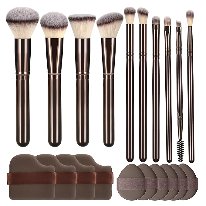 YJ-Anyue 10 Piece Black brown Makeup Brushes and 10 Piece Makeup Sponge – Wooden Handle,with Soft Synthetic Bristles,|Professional Makeup Brushes set for Women & Girls|