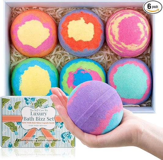 6 Pcs Jumbo Size Bath Bombs Set – 7oz Extra Large Handmade Bubble Bath Bombs, Colorful Fizzy Bath Balls with Essential Oils, Spa Self Care Gift for Valentine’s Day