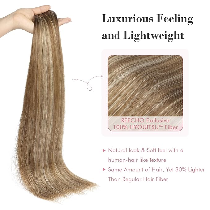 REECHO Clip in Hair Extensions, Hair Extensions Thick Long Lace Weft Lightweight Synthetic Hairpieces for Women (24 Inch-240 Gram(Pack of 5), Dark Blonde with Light Blonde Highlights)