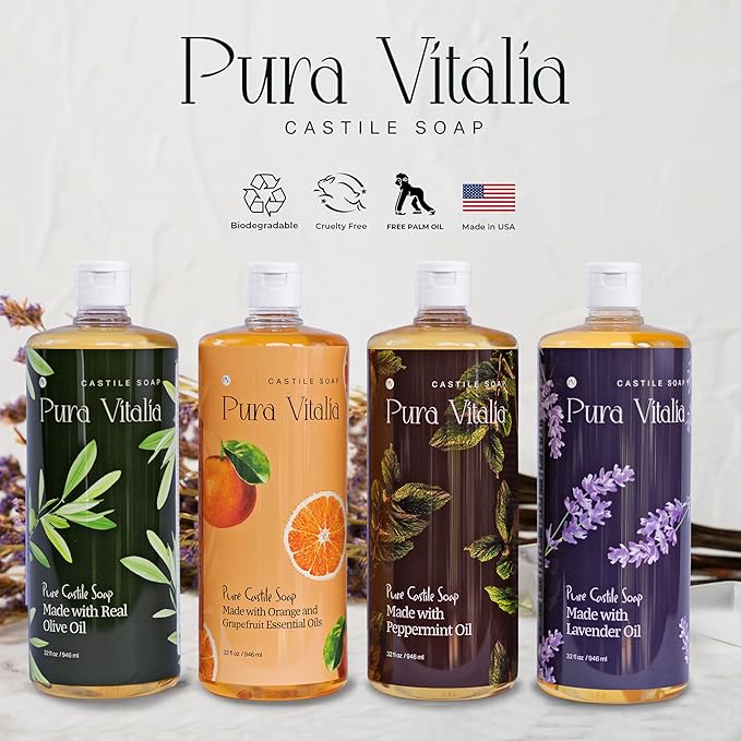 Pura Vitalia Peppermint Organic Castile Soap | Body Wash & Cleanser for Face & Hands | Biodegradable, Eco-Friendly, Palm Oil Free, Vegan & Gentle | Made with 6 Natural Ingredients - 32 oz