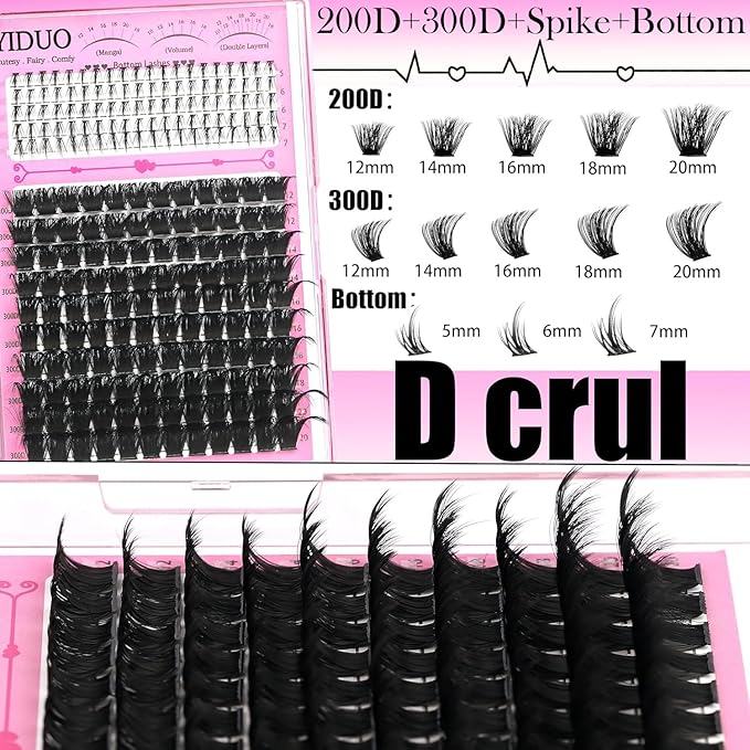 8 Styles Mix Lashes Clusters Kit 4 Box Cluster Lash Book Kit with Bond&Seal 1888Pcs 100D/200D/300D Volume Manga Eyelash Extension with Spikys/Bottom lash Kit for Beginners DIY at Home Easily