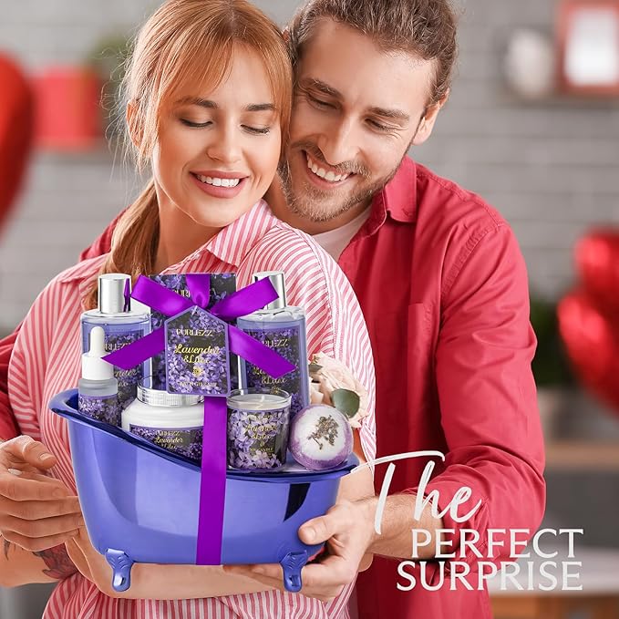 Birthday Gifts for Women, Luxury Home Spa Kit, 8pcs Lavender & Lilac Bath Gift Set, Gift Baskets for Women Unique with Bath Bombs, Sea Salt, Scented Candle, Body Lotion