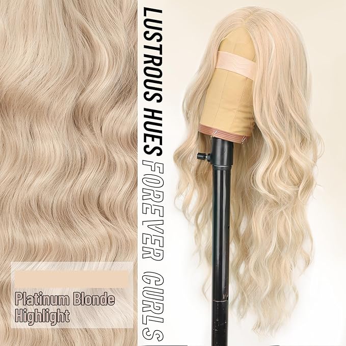 AISI HAIR Platinum Blonde Highlight Wig for Women, Long Wavy Lace Hairline Middle Part Synthetic Heat Resistant Wig for Daily Party-26 Inch