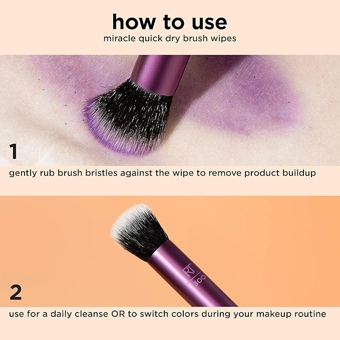 Real Techniques Miracle Quick Dry Brush Wipes, Remove Product Build-Up, Easily Switch Colors, Fast Drying, Convenient Makeup Brush Cleaner, Travel-Friendly, Cruelty-Free & Vegan, 20 Count